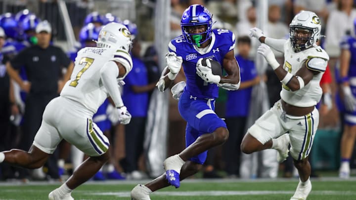 Aug 31, 2024; Atlanta, Georgia, USA; Georgia State Panthers wide receiver Ted Hurst (16) runs after a catch against Georgia Tech Yellow Jackets in the second quarter at Bobby Dodd Stadium at Hyundai Field. Mandatory Credit: Brett Davis-Imagn Images
