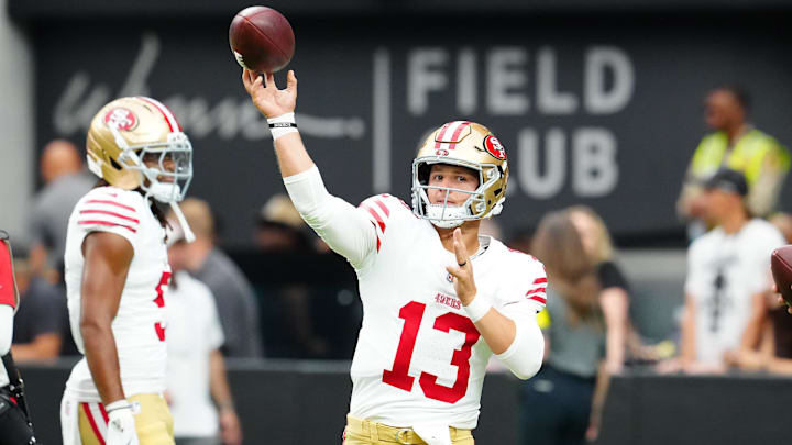 Aug 16, 2025; Paradise, Nevada, USA; San Francisco 49ers quarterback Brock Purdy (13) warms up before a preseason game against the Las Vegas Raiders at Allegiant Stadium. Mandatory Credit: Stephen R. Sylvanie-Imagn Images
