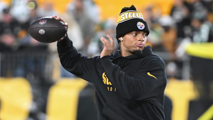 Oct 20, 2024; Pittsburgh, Pennsylvania, USA; Pittsburgh Steelers quarterback Justin Fields (2) warms up for a game against the New York Jets at Acrisure Stadium.
