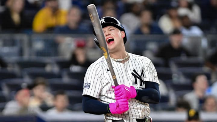 Sep 27, 2024; Bronx, New York, USA; New York Yankees outfielder Alex Verdugo (24) reacts after striking out against the Pittsburgh Pirates during the fourth inning at Yankee Stadium.