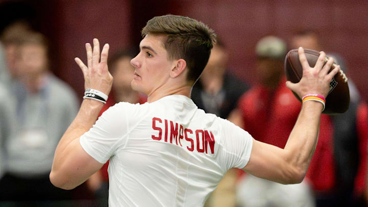 March 25, 2026; Tuscaloosa, AL, USA; Quarterback Ty Simpson throws during Pro Day in the Hank Crisp Indoor Practice Facility at the University of Alabama.