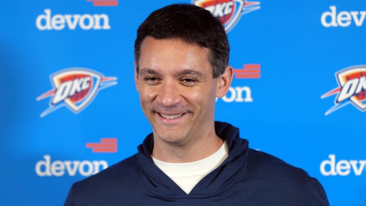 Nov 4, 2025; Inglewood, California, USA; Oklahoma City Thunder head coach Mark Daigneault at press conference at Intuit Dome. Mandatory Credit: Kirby Lee-Imagn Images