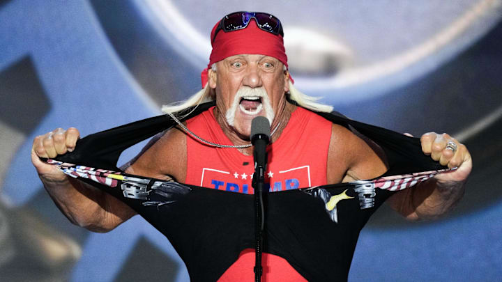 July 18, 2024; Milwaukee, WI, USA; Hulk Hogan, professional entertainer and wrestler, speaks during the final day of the Republican National Convention at the Fiserv Forum. The final day of the RNC featured a keynote address by Republican presidential nominee Donald Trump. Mandatory Credit: Jasper Colt-USA TODAY