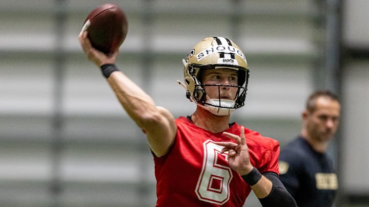May 10, 2025; New Orleans, LA, USA;  New Orleans Saints quarterback Tyler Shough (6) during rookie minicamp at Ochsner Sports Performance Center. Mandatory Credit: Stephen Lew-Imagn Images