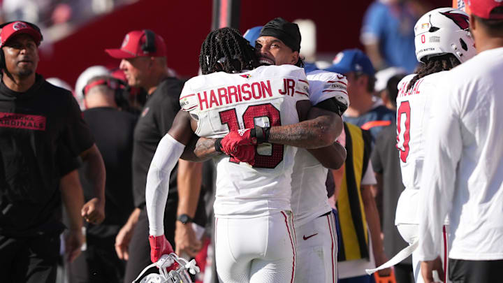 Oct 6, 2024; Santa Clara, California, USA; Arizona Cardinals running back James Conner (center right) celebrates with wide receiver Marvin Harrison Jr. (18) during the fourth quarter against the San Francisco 49ers at Levi's Stadium. Mandatory Credit: Darren Yamashita-Imagn Images Oct 6, 2024; Santa Clara, California, USA; Arizona Cardinals running back James Conner (center right) celebrates with wide receiver Marvin Harrison Jr. (18) during the fourth quarter against the San Francisco 49ers at Levi's Stadium. Mandatory Credit: Darren Yamashita-Imagn Images
