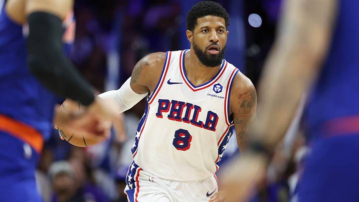 May 8, 2026; Philadelphia, Pennsylvania, USA; Philadelphia 76ers forward Paul George (8) controls the ball against the New York Knicks during the fourth quarter of game three of the second round of the 2026 NBA Playoffs at Xfinity Mobile Arena. Mandatory Credit: Bill Streicher-Imagn Images May 8, 2026; Philadelphia, Pennsylvania, USA; Philadelphia 76ers forward Paul George (8) controls the ball against the New York Knicks during the fourth quarter of game three of the second round of the 2026 NBA Playoffs at Xfinity Mobile Arena. Mandatory Credit: Bill Streicher-Imagn Images