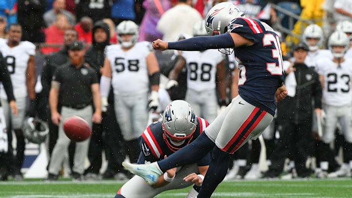 Sep 7, 2025; Foxborough, Massachusetts, USA; New England Patriots place kicker Andy Borregales (36) kicks a field goal against the Las Vegas Raiders at Gillette Stadium. Mandatory Credit: Bob DeChiara-Imagn Images