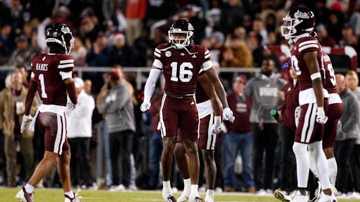 Nov 23, 2023; Starkville, Mississippi, USA; Mississippi State Bulldogs linebacker Zakari Tillman (16) reacts during the first half against the Mississippi Rebels at Davis Wade Stadium at Scott Field. Mandatory Credit: Petre Thomas-Imagn Images