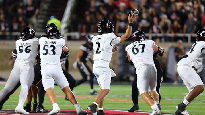 Sep 28, 2024; Lubbock, Texas, USA;  Cincinnati Bearcats quarterback Brendan Sorsby (2) passes against the Texas Tech Red Raiders in the first half at Jones AT&T Stadium and Cody Campbell Field. Mandatory Credit: Michael C. Johnson-Imagn Images