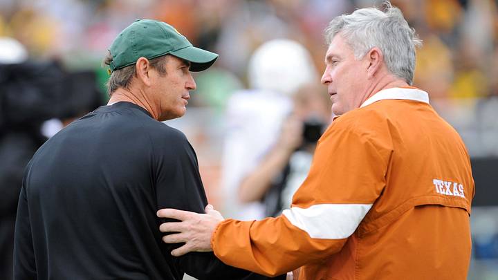 Dec 3, 2011; Waco, TX, USA; Baylor Bears head coach Art Briles and Texas Longhorns head coach Mack Brown Dec 3, 2011; Waco, TX, USA; Baylor Bears head coach Art Briles and Texas Longhorns head coach Mack Brown