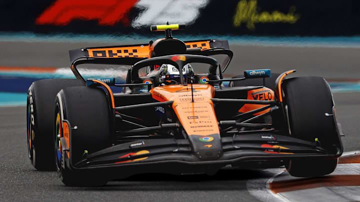 May 4, 2025; Miami Gardens, FL, USA;  McLaren driver Lando Norris (4) during the F1 Miami Grand Prix at Miami International Autodrome. Mandatory Credit: Peter Casey-Imagn Images