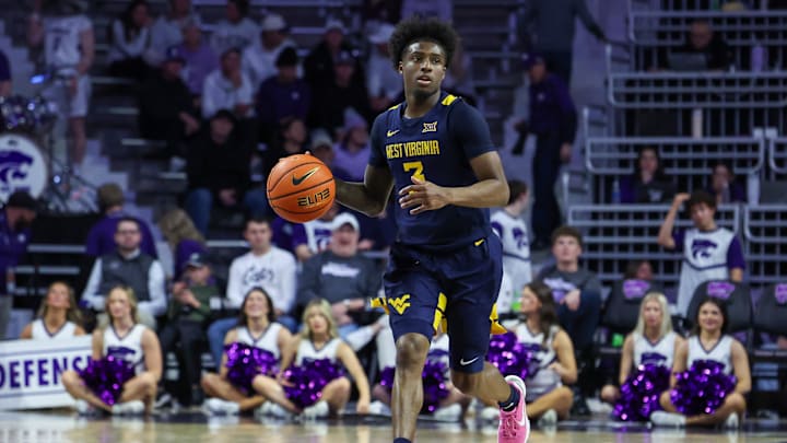 Mar 3, 2026; Manhattan, Kansas, USA; Kansas State Wildcats guard C.J. Jones (3) dribbles during the first half against the Kansas State Wildcats at Bramlage Coliseum. Mandatory Credit: Scott Sewell-Imagn Images