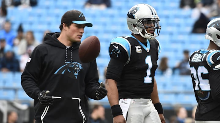 Dec 24, 2016; Charlotte, NC, USA; Carolina Panthers middle linebacker Luke Kuechly (59) and quarterback Cam Newton (1) on the field before the game at Bank of America Stadium. Mandatory Credit: Bob Donnan-Imagn Images