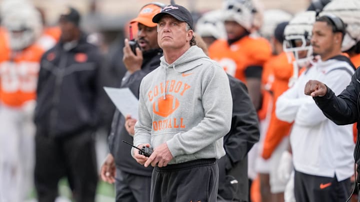 Head coach Mike Gundy looks at the score board during an Oklahoma State spring football showcase at Boone Pickens Stadium in Stillwater, Okla., Saturday, April 19, 2025. Head coach Mike Gundy looks at the score board during an Oklahoma State spring football showcase at Boone Pickens Stadium in Stillwater, Okla., Saturday, April 19, 2025.