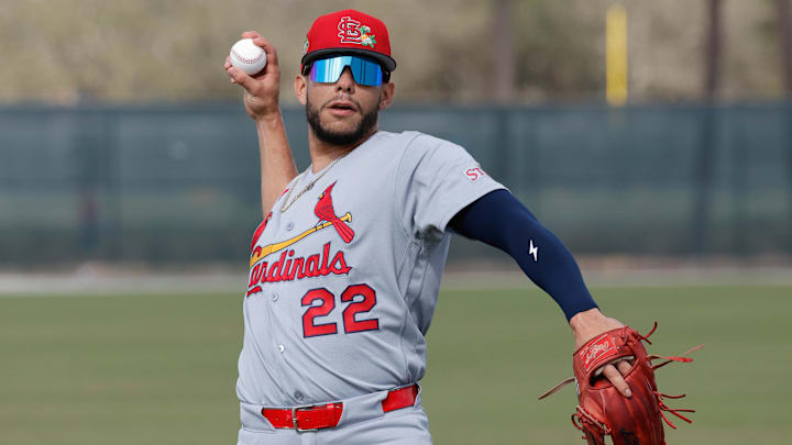 Feb 16, 2026; Jupiter, FL, USA;  St. Louis Cardinals outfielder Joshua Baez (22) throws a ball during spring training workouts at Roger Dean Stadium. Mandatory Credit: Reinhold Matay-Imagn Images