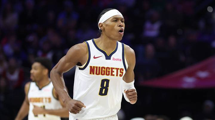 Jan 5, 2026; Philadelphia, Pennsylvania, USA; Denver Nuggets guard Peyton Watson (8) reacts to his score against the Philadelphia 76ers during the first quarter at Xfinity Mobile Arena. Jan 5, 2026; Philadelphia, Pennsylvania, USA; Denver Nuggets guard Peyton Watson (8) reacts to his score against the Philadelphia 76ers during the first quarter at Xfinity Mobile Arena.