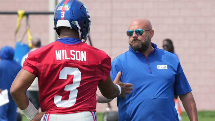 East Rutherford, NJ -- June 5, 2025 -- Quarterback, Russell Wilson and Coach Brian Daboll as the New York Giants players participate in their 2025 OTAÕs at the Quest Diagnostic Giants Training Center in East Rutherford.