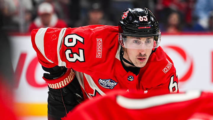 Team Canada forward Brad Marchand waits for a face-off against Team Sweden in the first period during a 4 Nations Face-Off. Team Canada forward Brad Marchand waits for a face-off against Team Sweden in the first period during a 4 Nations Face-Off.
