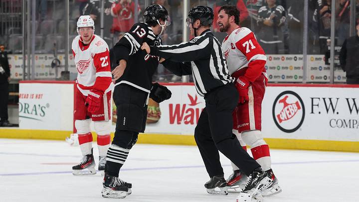 New Jersey Devils center Nico Hischier (13) and Detroit Red Wings center Dylan Larkin (71) attempt to fight: Ed Mulholland-Imagn Images
