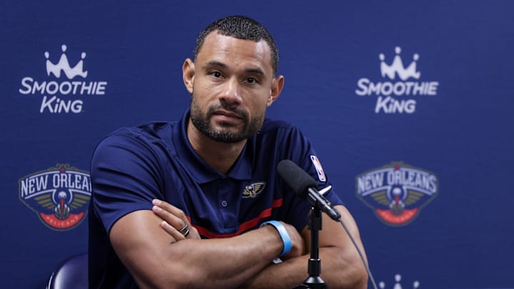 Sep 26, 2022; New Orleans, LA, USA; New Orleans Pelicans general manager Trajan Langdon during a press conference at the New Orleans Pelicans Media Day from the Smoothie King Center. Mandatory Credit: Stephen Lew-Imagn Images Sep 26, 2022; New Orleans, LA, USA; New Orleans Pelicans general manager Trajan Langdon during a press conference at the New Orleans Pelicans Media Day from the Smoothie King Center. Mandatory Credit: Stephen Lew-Imagn Images