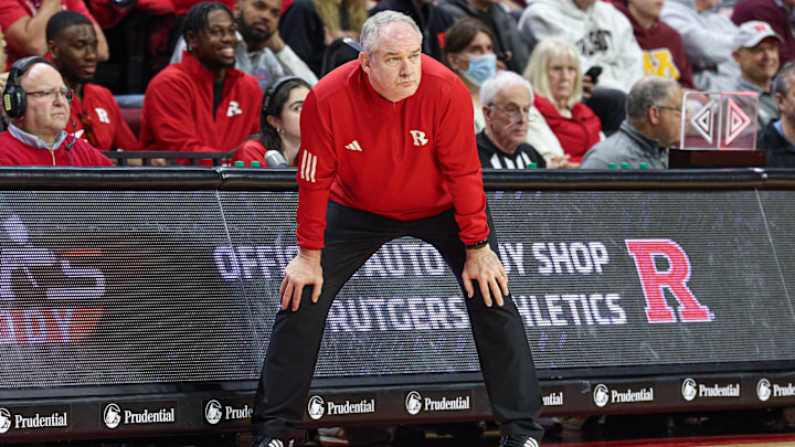 Mar 9, 2025; Piscataway, New Jersey, USA; Rutgers Scarlet Knights head coach Steve Pikiell looks on during the second half against the Minnesota Golden Gophers at Jersey Mike's Arena. Mandatory Credit: Vincent Carchietta-Imagn Images Mar 9, 2025; Piscataway, New Jersey, USA; Rutgers Scarlet Knights head coach Steve Pikiell looks on during the second half against the Minnesota Golden Gophers at Jersey Mike's Arena. Mandatory Credit: Vincent Carchietta-Imagn Images