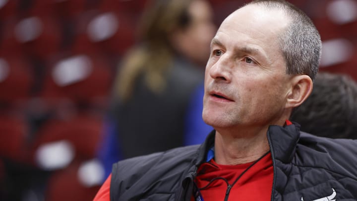 Nov 15, 2023; Chicago, Illinois, USA;  Chicago Bulls executive Vice President of basketball operations Arturas Karnisovas looks on before a basketball game between the Chicago Bulls and Orlando Magic at United Center. Mandatory Credit: Kamil Krzaczynski-USA TODAY Sports