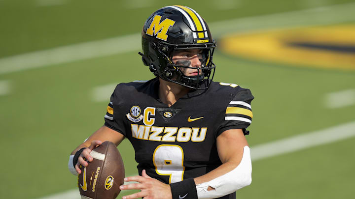 Missouri quarterback Beau Pribula (9) and the Tigers are Greg McElroy's pick to win this weekend's game against the South Carolina Gamecocks.