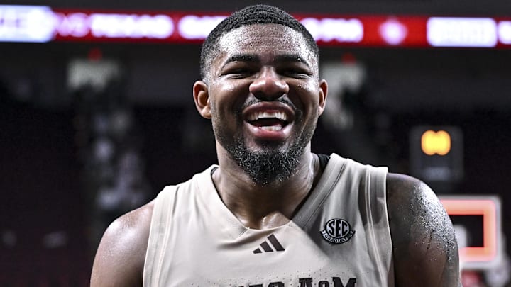Feb 18, 2026; College Station, Texas, USA; Texas A&M Aggies forward Rashaun Agee (12) reacts after the game against the Ole Miss Rebels at Reed Arena. Mandatory Credit: Maria Lysaker-Imagn Images 