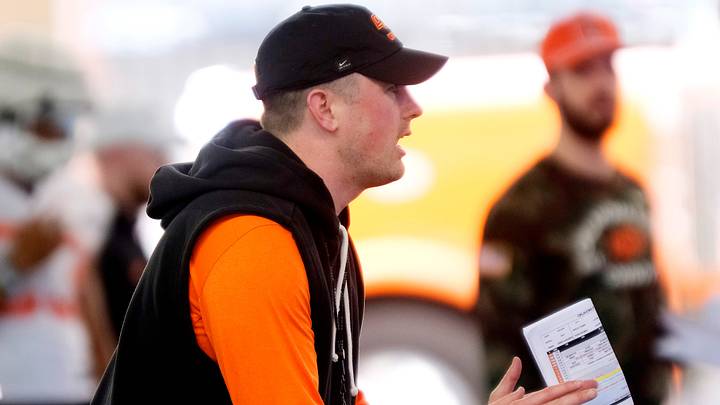 Oklahoma State defensive coordinator Skyler Cassity coaches his players during a practice. 