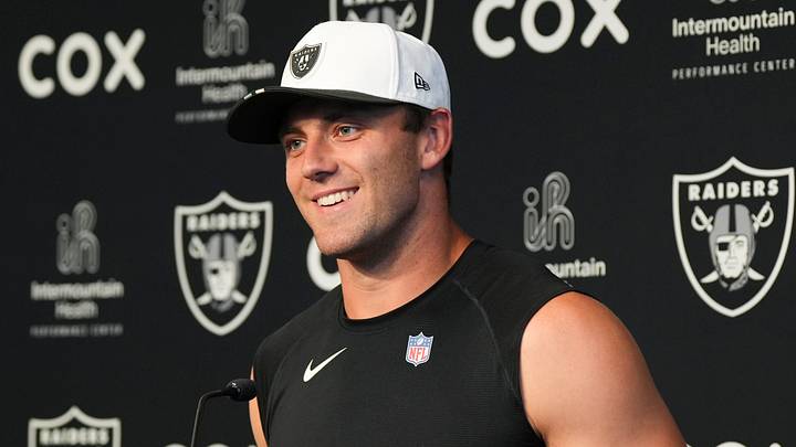 Las Vegas Raiders tight end Brock Bowers speaks during a news conference during organized team activities.
