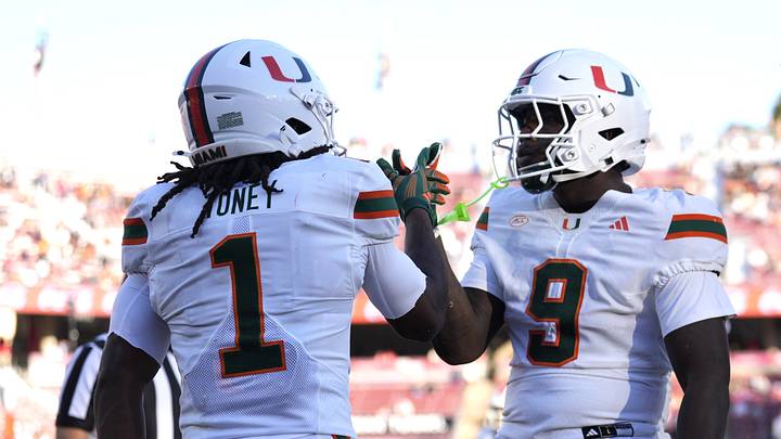 Sep 4, 2026; Stanford, California, USA; Miami Hurricanes wide receiver Malachi Toney (1) celebrates his touchdown reception with Miami Hurricanes tight end Elija Lofton (9) against the Stanford Cardinal during the first quarter at Stanford Stadium. Mandatory Credit: Stan Szeto-Imagn Images Sep 4, 2026; Stanford, California, USA; Miami Hurricanes wide receiver Malachi Toney (1) celebrates his touchdown reception with Miami Hurricanes tight end Elija Lofton (9) against the Stanford Cardinal during the first quarter at Stanford Stadium. Mandatory Credit: Stan Szeto-Imagn Images