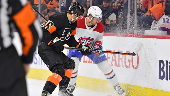 Feb 24, 2023; Philadelphia, Pennsylvania, USA; Philadelphia Flyers left wing Joel Farabee (86) and