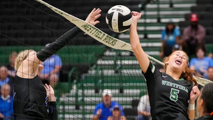 Westfield setter Kenna Robinson (5) attempts to bump the ball over the net in a match against Hamilton Southeastern on Sept. 17. The Shamrocks are 23-1 entering the final two weeks of October and No. 24 in the High School on SI Top 25 Girls Volleyball National Rankings. Westfield setter Kenna Robinson (5) attempts to bump the ball over the net in a match against Hamilton Southeastern on Sept. 17. The Shamrocks are 23-1 entering the final two weeks of October and No. 24 in the High School on SI Top 25 Girls Volleyball National Rankings.