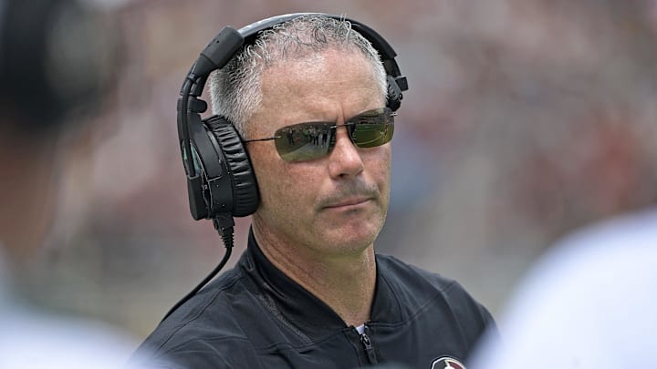 Sep 6, 2025; Tallahassee, Florida, USA; Florida State Seminoles head coach Mike Norvell during the second half against the East Texas A&M Lions at Doak S. Campbell Stadium. Mandatory Credit: Melina Myers-Imagn Images