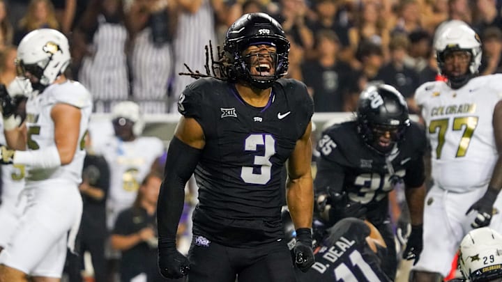 Oct 4, 2025; Fort Worth, Texas, USA; TCU Horned Frogs linebacker Kaleb Elarms-Orr (3) reacts after a defensive play against the Colorado Buffaloes during the second half at Amon G. Carter Stadium. Mandatory Credit: Raymond Carlin III-Imagn Images