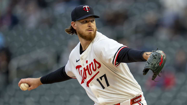 May 19, 2025; Minneapolis, Minnesota, USA; Minnesota Twins starting pitcher Bailey Ober (17) delivers a pitch against the Cleveland Guardians in the first inning  at Target Field. Mandatory Credit: Jesse Johnson-Imagn Images