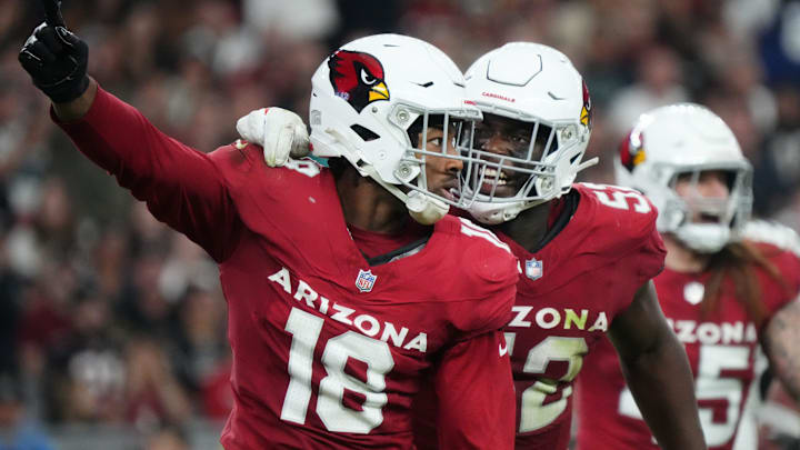 Arizona Cardinals linebacker BJ Ojulari (18) celebrates his defensive stop with teammate Victor Dimukeje during their game against the Atlanta Falcons at State Farm Stadium on Nov. 12, 2023, in Glendale.