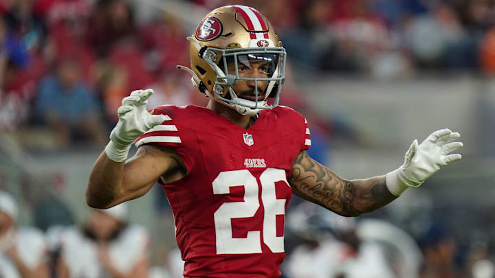 Aug 9, 2025; Santa Clara, California, USA;  San Francisco 49ers cornerback Chase Lucas (26) signals to the sideline in the fourth quarter during a game against the Denver Broncos at Levi's Stadium. Mandatory Credit: David Gonzales-Imagn Images