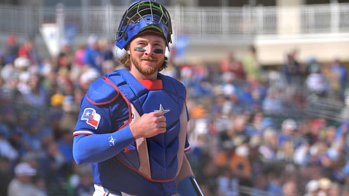 Feb 20, 2026; Surprise, Arizona, USA;  Texas Rangers catcher Willie MacIver (47) in the sixth inning against the Kansas City Royals at Surprise Stadium. Mandatory Credit: Jayne Kamin-Oncea-Imagn Images