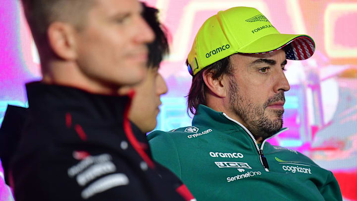 Nov 15, 2023; Las Vegas, Nevada, USA; Aston Martin driver Fernando Alonso of Spain during media