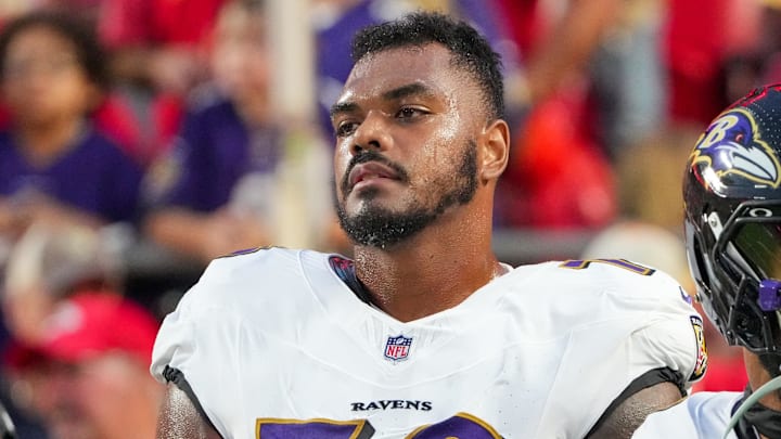 Sep 5, 2024; Kansas City, Missouri, USA; Baltimore Ravens offensive tackle Ronnie Stanley (79) on field prior to a game against the Kansas City Chiefs at GEHA Field at Arrowhead Stadium. Mandatory Credit: Denny Medley-Imagn Images