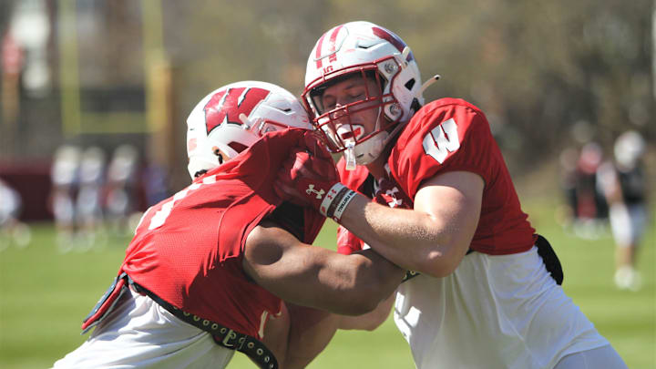 Wisconsin tight end Riley Nowakowski (left) takes on Grant Stec (right) during spring practice outside Camp Randall Stadium in Madison, Wisconsin on Saturday April 13, 2024. Wisconsin tight end Riley Nowakowski (left) takes on Grant Stec (right) during spring practice outside Camp Randall Stadium in Madison, Wisconsin on Saturday April 13, 2024.