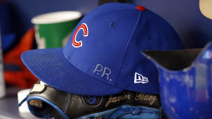 Sep 20, 2017; St. Petersburg, FL, USA; A detailed view of Chicago Cubs third baseman Javier Baez (9) (not pictured) hat and glove with the initials P.R. for his home country Puerto Rico against the Tampa Bay Rays at Tropicana Field. 