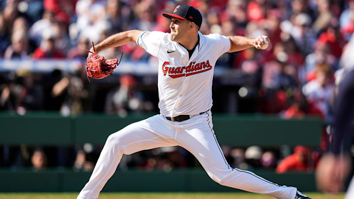 Cleveland Guardians pitcher Matthew Boyd (16) throws against Detroit Tigers during the first inning at Game 5 of ALDS at Progressive Field in Cleveland, Ohio on Saturday, Oct. 12, 2024.