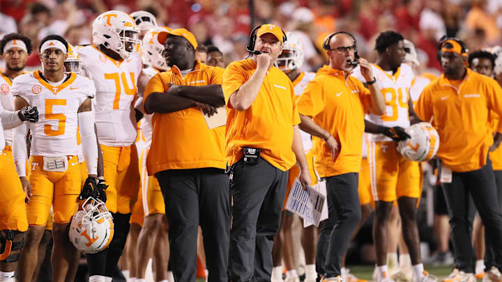 Oct 5, 2024; Fayetteville, Arkansas, USA; Tennessee Volunteers head coach Josh Heupel during the second half against the Arkansas Razorbacks at Donald W. Reynolds Razorback Stadium. Arkansas won 19-14. Mandatory Credit: Nelson Chenault-Imagn Images