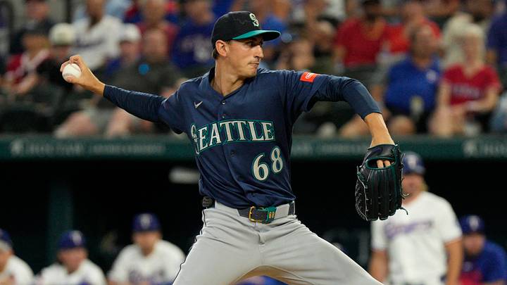 Jul 27, 2026; Arlington, Texas, USA; Seattle Mariners pitcher George Kirby (68) throws to the plate against the Texas Rangers during the first inning at Globe Life Field. Mandatory Credit: Raymond Carlin III-Imagn Images Jul 27, 2026; Arlington, Texas, USA; Seattle Mariners pitcher George Kirby (68) throws to the plate against the Texas Rangers during the first inning at Globe Life Field. Mandatory Credit: Raymond Carlin III-Imagn Images