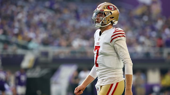 Aug 20, 2022; Minneapolis, Minnesota, USA; San Francisco 49ers quarterback Nate Sudfeld (7) looks on during the first quarter against the Minnesota Vikings at U.S. Bank Stadium. Mandatory Credit: Matt Krohn-Imagn Images