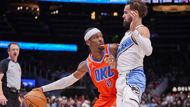 Feb 28, 2025; Atlanta, Georgia, USA; Oklahoma City Thunder guard Shai Gilgeous-Alexander (2) is defended by Atlanta Hawks guard Trae Young (11) in the second quarter at State Farm Arena. Mandatory Credit: Brett Davis-Imagn Images Feb 28, 2025; Atlanta, Georgia, USA; Oklahoma City Thunder guard Shai Gilgeous-Alexander (2) is defended by Atlanta Hawks guard Trae Young (11) in the second quarter at State Farm Arena. Mandatory Credit: Brett Davis-Imagn Images