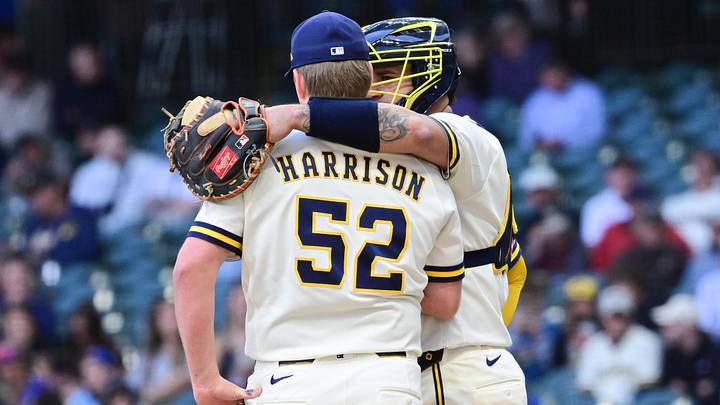 May 14, 2026; Milwaukee, Wisconsin, USA; Milwaukee Brewers starting pitcher Kyle Harrison (52) has a mound visit with catcher Gary Sanchez (99) in the fourth inning against the San Diego Padres at American Family Field. Mandatory Credit: Benny Sieu-Imagn Images May 14, 2026; Milwaukee, Wisconsin, USA; Milwaukee Brewers starting pitcher Kyle Harrison (52) has a mound visit with catcher Gary Sanchez (99) in the fourth inning against the San Diego Padres at American Family Field. Mandatory Credit: Benny Sieu-Imagn Images