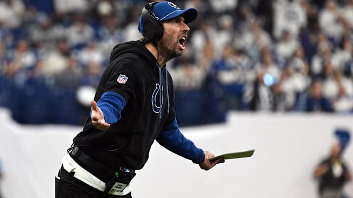 Dec 22, 2024; Indianapolis, Indiana, USA; Indianapolis Colts head coach Shane Steichen reacts to a call during the second half against the Tennessee Titans at Lucas Oil Stadium. Mandatory Credit: Marc Lebryk-Imagn Images Dec 22, 2024; Indianapolis, Indiana, USA; Indianapolis Colts head coach Shane Steichen reacts to a call during the second half against the Tennessee Titans at Lucas Oil Stadium. Mandatory Credit: Marc Lebryk-Imagn Images